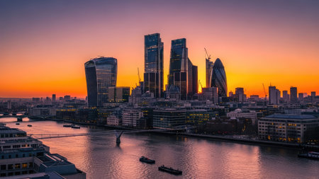 A cityscape is presented during a sunset, featuring a river and modern skyscrapers. The composition is illuminated by warm orange and purple hues. The architecture includes various building designs. This image is suitable for commercial uses such as advertising and editorial content.の素材