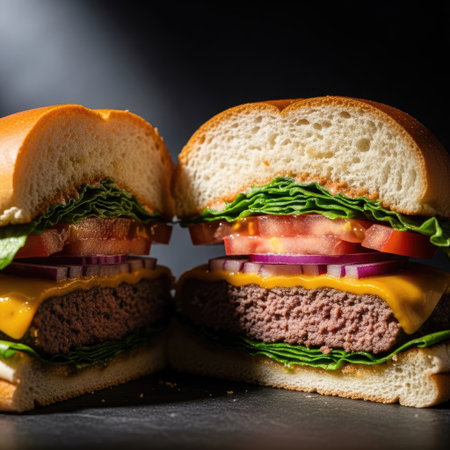 A detailed image displays a halved burger showcasing layers of fresh ingredients. The burger features a toasted bun, melted cheese, vibrant tomatoes, and crisp lettuce. The dark background creates a contrast, highlighting textures and colors. This image is suitable for various commercial applications, including food-related content.の素材