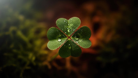 A close-up shot showcases a four-leaf clover, its green leaves bearing water droplets. The composition features a blurred, dark background. The image's shallow depth of field draws attention to the clover, suggesting themes of luck and nature, suitable for various editorial and commercial applications.の素材