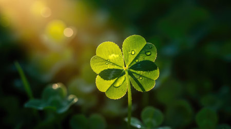 A four-leaf clover is prominently displayed, bathed in sunlight. The image showcases vibrant green leaves with water droplets, creating a fresh, natural appearance. The blurred background adds depth to the composition. Suitable for various editorial and commercial applications.の素材