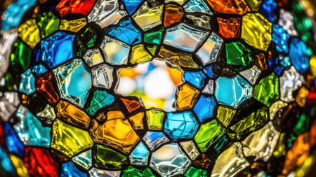 A close-up view displays a mosaic of brightly colored glass pieces forming a unique design. The composition reveals a kaleidoscope of hues including blue, yellow, green, and orange. The intricate pattern suggests a decorative element. This image may be suitable for various design, art, and visual projects.の素材