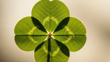 This image showcases a four-leaf clover with vibrant green leaves and a central point. The leaves exhibit detailed texture and are set against a soft, blurred background. The composition uses a close-up perspective and soft lighting, ideal for various design projects and visual content.の素材