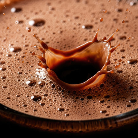 A striking image displays a dynamic splash suspended in a brown liquid, featuring a distinctive, organic shape. The surface is textured with tiny bubbles, indicating a foamy consistency. The lighting appears soft, highlighting the interplay of light and shadow, and could be utilized commercially for various design and advertising purposes.の素材