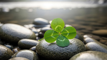 A vibrant four-leaf clover rests atop a rounded, water-worn stone, with other stones in the blurred foreground. The image has a shallow depth of field, emphasizing the clover's intricate details and vivid green color. Soft natural light suggests an outdoor environment, with potential uses in various editorial and commercial projects.の素材