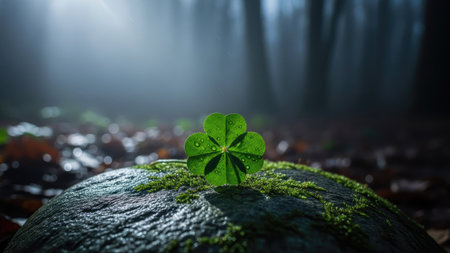 A four-leaf clover, the subject, is centered atop a mossy stone. Sunlight illuminates the subject, highlighting its green leaves. The blurred background suggests a forest environment with ambient light. This composition may be used for concepts of luck and nature. It presents a serene and hopeful visual.の素材