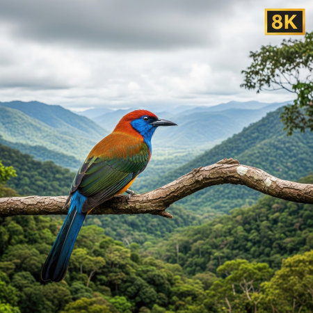 A vibrant bird with blue, orange, and green plumage perches on a branch, set against a backdrop of rolling green hills. The image features a bright, natural composition with soft lighting. This could be used for nature articles, educational resources, or visual content.の素材