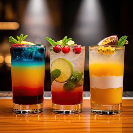Three vibrant cocktails are presented in clear glasses, showcasing layered colors and textures. Each drink is garnished with fresh fruits and herbs, placed on a wooden surface with a soft, warm light. This image is well-suited for advertising beverage products or illustrating lifestyle concepts.の素材