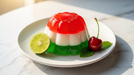 A vibrant layered gelatin dessert is presented on a white plate, featuring red, white, and green layers. Accompanied by a lime slice and a cherry, the composition is brightly lit, showcasing smooth textures. This image is suitable for culinary, food, and dessert-themed projects or for advertising purposes.の素材