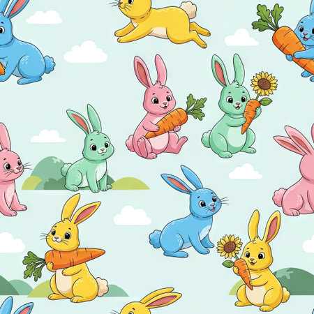 This vibrant illustration depicts a pattern of cheerful cartoon rabbits. The scene presents various colorful bunnies holding carrots against a light blue backdrop adorned with clouds and green hills. The artwork uses bright colors and a playful style, suitable for various editorial and commercial applications.の素材