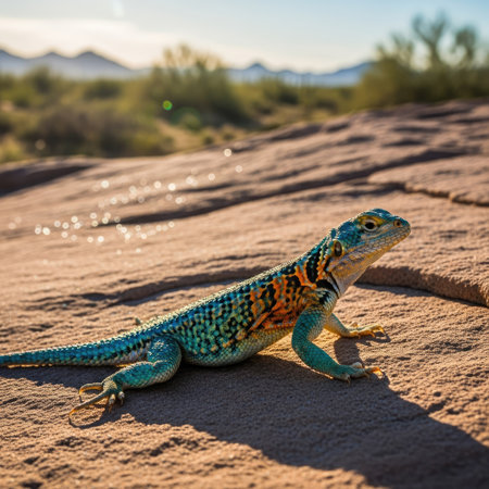 A vibrantly colored lizard rests on a textured rock surface under natural sunlight. Its scales display a pattern of blue, green, and orange. The composition highlights the animal against the backdrop of a desert landscape, suitable for ecological or educational uses.の素材