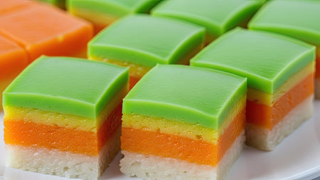 A close-up view displays colorful layered desserts, each square with multiple vibrant layers and a smooth green top. The treats showcase a stacked composition with orange, yellow and white layers. The lighting is even, suggesting an indoor studio. This image is suitable for various culinary or food-related commercial applications.の素材