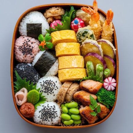 This overhead shot showcases a diverse Japanese bento box. It features artfully arranged rice balls, vegetables, and various seafood items. The presentation utilizes vibrant colors and textures, suggesting a fresh and appetizing meal. This image could be used for culinary publications, food blogs, or commercial applications.の素材
