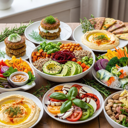 An assortment of colorful, vegetarian dishes are displayed on a wooden surface, showcasing a variety of healthy meal options. The images feature vibrant colors, appealing textures, and overhead lighting. It presents a setting ideal for promoting culinary or wellness-related content.の素材