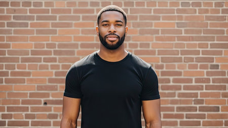 A man in a black t-shirt stands centered against a weathered brick wall. The portrait highlights his dark hair and facial hair, enhanced by neutral lighting. The composition suggests a studio setting, suitable for promotional or editorial material. The image could be used for various purposes.の素材