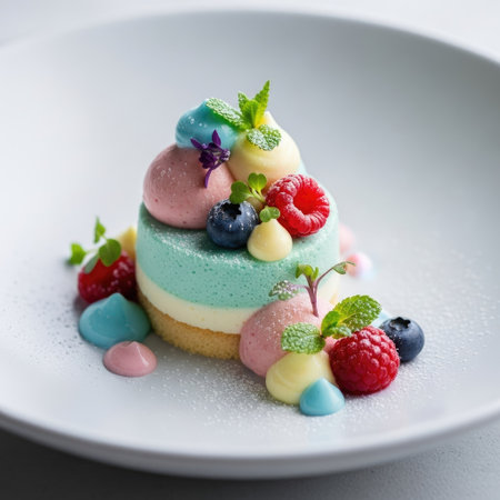 A close-up image showcases a vibrant dessert. It features layered components, crowned with fresh berries and sprigs of mint. The presentation is detailed and appealing, highlighted by a clean white plate. This image is suitable for culinary articles or promotional materials.の素材