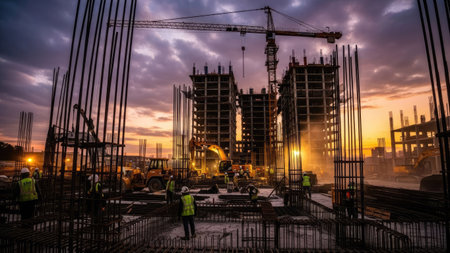 The image shows a construction site with multiple structures in various stages of completion. Cranes and other machinery are present against a dramatic, colorful sky. The composition emphasizes the industrial environment with steel and concrete elements, suitable for illustrating themes related to infrastructure and development. It can be used for various commercial projects.の素材