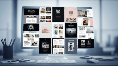 A desktop computer displays numerous design templates and mockups. The screen shows a collection of images and text layouts in a well-lit, office-like environment. The composition features a mix of color schemes, and styles, suggesting a range of potential commercial and editorial applications.の素材