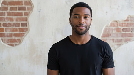 A close-up captures a young man wearing a black shirt, posing confidently. The background features a distressed brick wall with patches of exposed textures. The lighting appears soft, indicating an indoor setting. This image may be suitable for various commercial or editorial uses, including advertising and promotional content.の素材