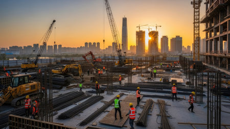 An image captures a construction site at dawn, featuring cranes, partially built structures, and workers. The scene is bathed in warm sunlight, with a cityscape visible in the background. This photograph portrays a dynamic urban development environment, potentially suitable for illustrating infrastructure, progress, and building projects.の素材