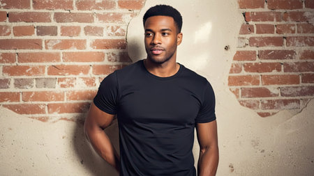 A man in a black t-shirt stands near a textured brick wall. The image showcases natural lighting and a neutral background. This portrait suggests concepts of style, and individual portraits for advertising or editorial content. The composition offers versatility for various creative applications.の素材