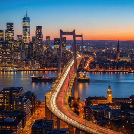 An overhead view captures a bridge spanning across the water with city lights. The scene features the illuminated path of the bridge, buildings, and boats. The vivid colors of sunset blend the sky and water with the structures creating a visual interest suitable for travel, tourism or urban concepts.の素材