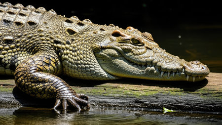 This image showcases a large crocodile resting on a log, emphasizing its rough textured skin. The composition highlights the animal's head and eye in sharp detail. Strong overhead lighting casts shadows, creating a dramatic effect. This photograph could be utilized for nature-related publications, educational material, or wildlife imagery.の素材