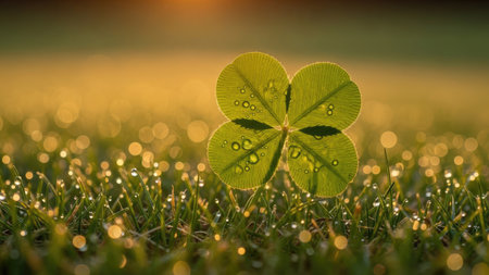 A close-up captures a four-leaf clover resting among blades of grass, illuminated by soft sunlight. The image showcases the clover's vibrant green color against a blurred background of green and gold. Water droplets glisten on the leaves, creating a sense of freshness. This image could be used for various purposes, including promotional materials or design elements.の素材