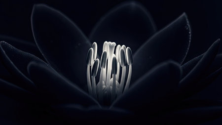 This image presents a close-up view of a dark-colored lotus flower. The petals display a velvet-like texture, while the center of the flower has a contrasting bright appearance. The composition is simple, with the flower isolated against a dark backdrop. The image is suitable for various commercial purposes, including use in design and decorative projects.の素材