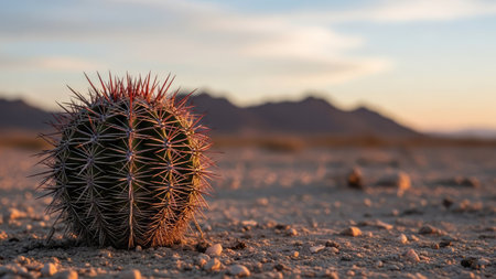 A close-up captures a round cactus with sharp spines set against a blurred desert background. The scene features warm tones of orange and brown, suggesting late afternoon sunlight. This image could be suitable for various uses, including editorial content or promotional materials related to nature or travel.の素材