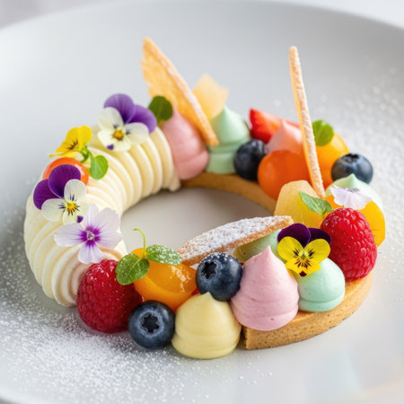A beautifully arranged dessert wreath featuring a vibrant mix of fresh berries, fruit slices, and delicate edible flowers. The composition showcases a ring of textures including cream, biscuits, and glossy fruit, under soft lighting. This image is suitable for various commercial uses, including culinary projects and lifestyle publications.の素材
