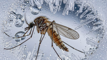 This image showcases a detailed view of a mosquito set against a frosty, icy background. The insect displays intricate details of its anatomy, captured through macro photography. The scene is illuminated, highlighting the texture and form, creating a visually compelling presentation for various illustrative applications.の素材