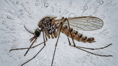 A detailed image presents a mosquito specimen, with translucent wings and a segmented body. The insect is set against a textured surface with multiple bubbles, creating an environment effect. This image could be used for scientific illustration or educational purposes, among others.の素材
