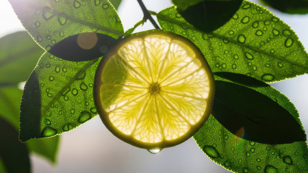 A cross-section of a lime is featured, highlighting its inner structure. Lush green leaves surround the fruit, with water droplets glistening on their surfaces. The composition emphasizes natural light, creating a bright and appealing visual. Suitable for illustrations related to healthy eating, or food-related concepts.の素材