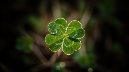 A close-up view displays a vibrant four-leaf clover, showcasing bright green leaves with detailed textures. The clover is centrally positioned against a dark, blurred background, suggesting a natural outdoor setting with soft lighting. This image is suitable for various commercial uses, including illustrations and editorial content.の素材