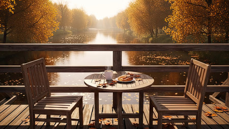 An inviting scene features a wooden table and chairs on a deck, set against a tranquil river. The image displays warm autumnal colors, with golden trees lining the water. Soft sunlight illuminates the scene, suggesting a serene outdoor setting. Suitable for various commercial and editorial applications.の素材