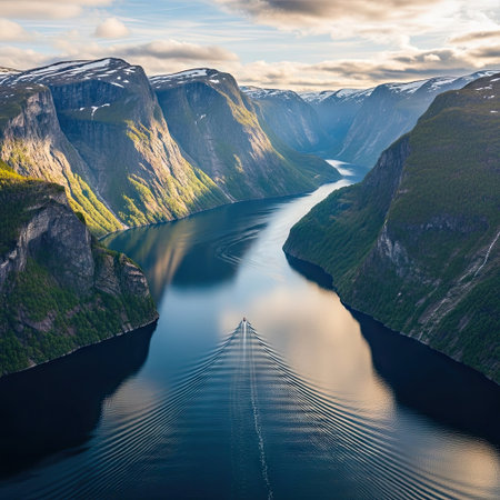 An aerial perspective showcases a deep fjord flanked by imposing mountain cliffs. The scene is dominated by shades of blue and green, with subtle highlights suggesting sunlight. A boat leaves a visible wake, traveling through the calm water. This image is suitable for environmental, travel, or adventure-themed publications.の素材