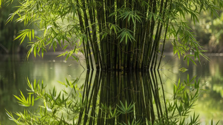 This image features a cluster of bamboo stalks with lush green foliage reflected in tranquil water. The composition showcases natural elements, including sunlight. This serene scene could be used for various commercial projects and editorial purposes. The shot captures the quiet beauty of the natural environment, promoting a sense of peace.の素材