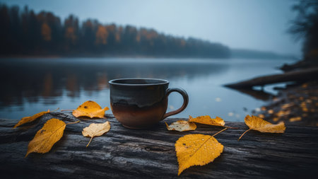 A ceramic coffee cup rests on a wooden log, surrounded by fallen yellow leaves. The composition is set near a serene lake with a blurred forest in the background. The image presents soft lighting and a muted color palette, suitable for various editorial and commercial applications. The scene evokes a sense of tranquility.の素材