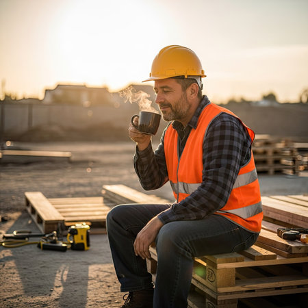 A construction worker sits outdoors and sips from a mug, steam rising. He wears a safety helmet and reflective vest. The image features warm tones from natural light. The photograph could be used for various commercial or editorial purposes, conveying themes of labor and break time.の素材