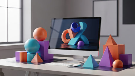 A computer monitor is the focal point, showcasing colorful abstract shapes in a modern office. Geometric forms, including cubes, pyramids, and spheres, are arranged on a desktop. The composition features vibrant colors, a clean aesthetic, and overhead lighting, suitable for design and conceptual uses.の素材