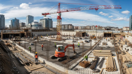 A construction site is depicted with a crane, excavator, and workers amid concrete foundations and building materials. The scene features a cityscape backdrop under a bright daylight sky, suggesting an outdoor environment. This image could be suitable for illustrating urban development, infrastructure projects, or construction-related commercial purposes.の素材