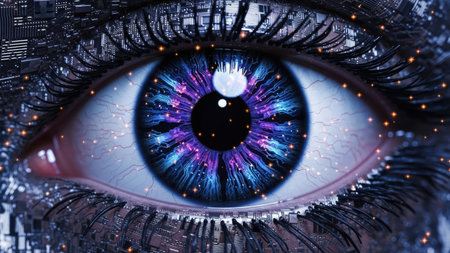 This image presents a detailed close-up of a human eye, overlaid with digital elements. The iris exhibits vibrant colors, complemented by the intricacies of eyelashes and skin. The composition features a striking combination of textures, including smooth and detailed surfaces. Suitable for diverse applications, it offers potential for visual storytelling and conceptual representation.の素材