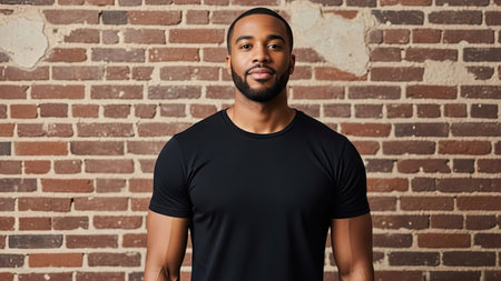 A man stands in front of a brick wall, wearing a black t-shirt. The image features warm lighting and a medium shot composition, focusing on the subject. The background is a textured brick wall with visible imperfections. This image could be suitable for various commercial and editorial applications.の素材
