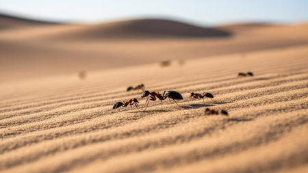 Numerous ants move across a textured sand dune, illuminated by sunlight. The image showcases warm, earthy tones and a shallow depth of field, emphasizing the foreground ants. This scene, likely outdoors, may be suitable for illustrating concepts of nature or insect life, and could be utilized in commercial projects.の素材