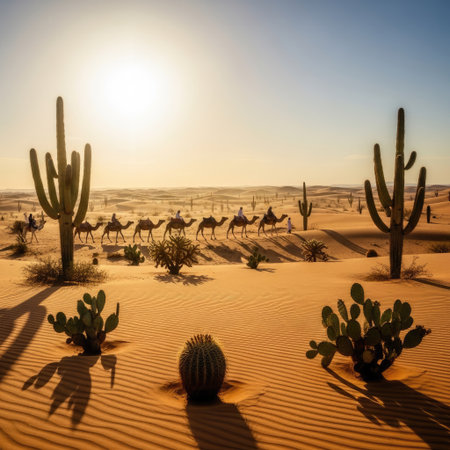 A group of camels traverse a desert landscape under a bright, clear sky. Cacti and other desert plants populate the foreground, with sand dunes extending into the background. The scene is bathed in warm sunlight, creating long shadows and highlighting the textured surfaces. Ideal for travel, tourism, or environmental themes.の素材