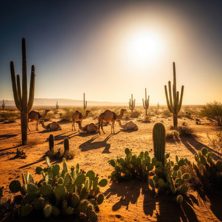 A desert scene presents camels resting and grazing among cacti. The composition features warm colors, with a bright sun overhead casting shadows. The image showcases a natural environment. Suitable for various projects including travel and environmental themes.の素材