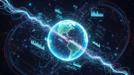 A digital earth globe is the central subject, encapsulated within a network of glowing lines and data visualizations. The composition employs a dark background, highlighted by electric blue and green hues, suggesting advanced technology and global interconnectedness. This image could be used for various commercial and informational purposes.の素材