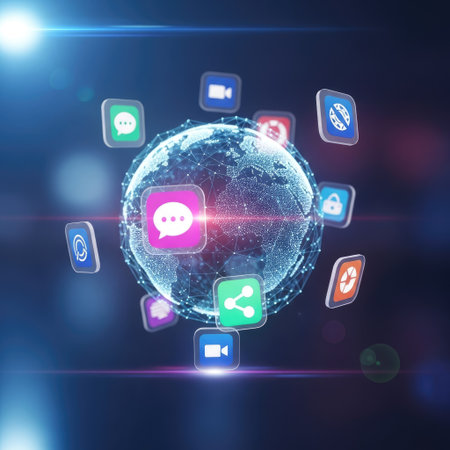 A digital illustration features a glowing globe surrounded by app icons. The image showcases a futuristic design with vibrant colors and light effects. This visualization could be utilized for various commercial and editorial projects related to technology, communication, and digital concepts, highlighting connectivity and data.の素材