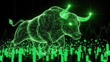 A digital green bull, a symbol of the stock market, is depicted with glowing lines against a dark background. The image has a futuristic style, with a grid and chart in the backdrop. This graphic is suitable for illustrating concepts of investment, finance, and economic growth for various commercial purposes.の素材