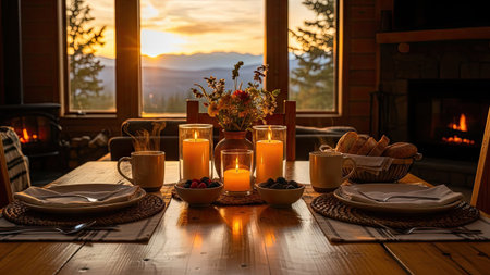 A dining table is set with plates, mugs, and lit candles in a warm, inviting scene. The composition features soft lighting and a blurred background suggesting a scenic view through a window. Suitable for lifestyle, food, or home decor illustrations. The overall style is cozy and welcoming.の素材